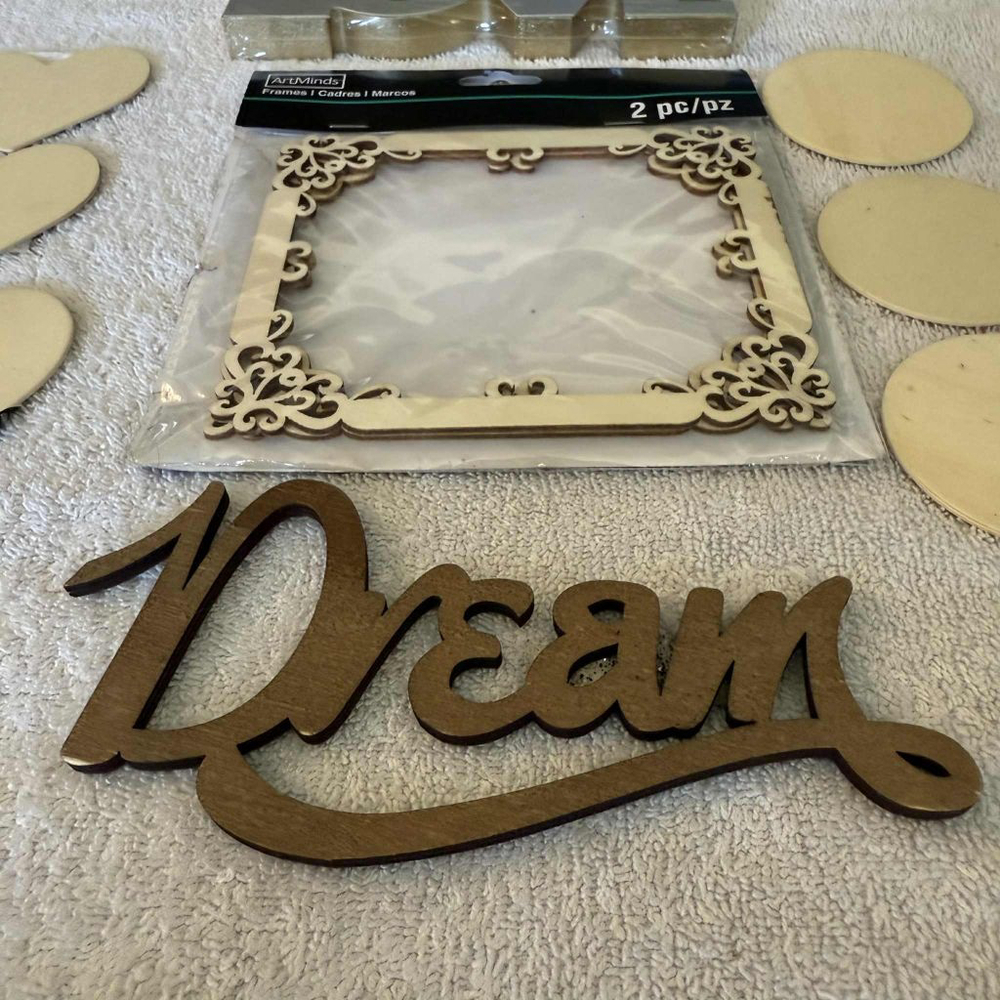 ArtMinds Home Decor Craft Lot: Wood Frames, Shapes, Dream, Love Beige